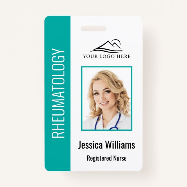 Custom Employee Photo Logo Bar Code Name Teal ID Badge (Front)