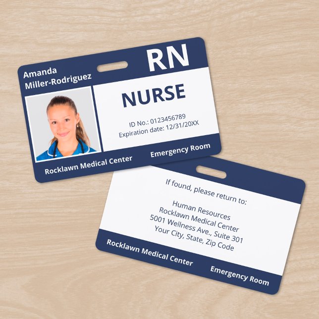 Custom Employee Photo Navy Blue Medical ID ID Badge (Custom Employee Photo Navy Blue Medical ID Badge, front/back)