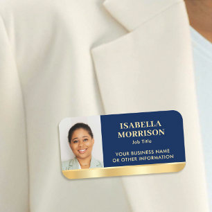 Custom Employee Photo Navy Gold Magnetic or Pin Name Tag
