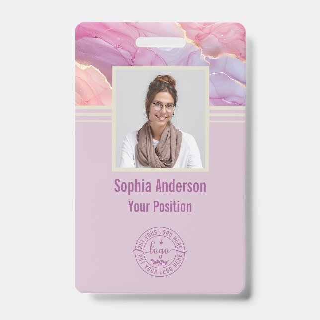 Custom Employee Photo QR Code Purple Modern Marble ID Badge (Front)