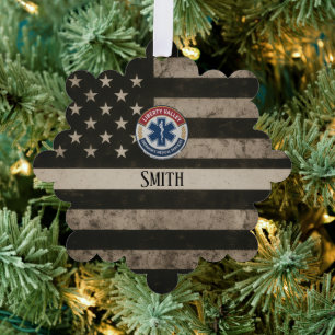 Custom EMS Thin White Line American Flag Tree Decoration Card