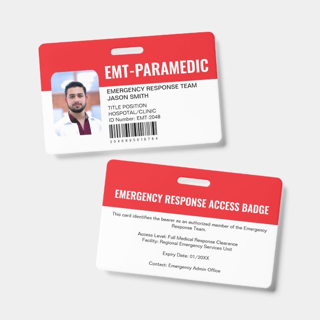 Custom EMT Paramedic Emergency Access Red  ID Badge (Front & Back)