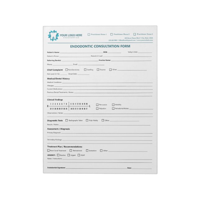 Custom Endodontic Consultation Form Notepad (Rotated)