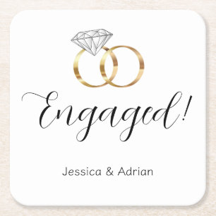 Custom Engaged White Gold Diamond Wedding Rings Square Paper Coaster