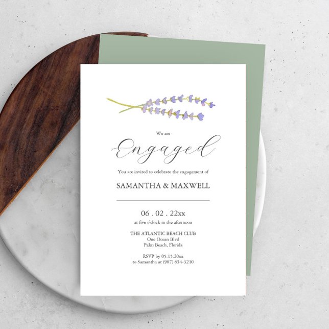 Custom Engagement Invitations Watercolor Lavender (Engagement invitations watercolor lavender art Victoria Grigaliunas minimalist design DoTellABelle)