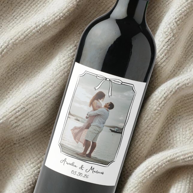 Custom Engagement Photo with Bow Frame Wedding Wine Label (Custom wine label with photo & bow design, perfect for weddings or engagements. Personalize now!)