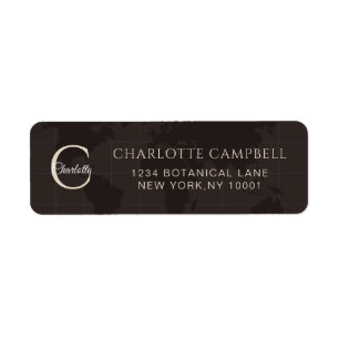 Custom Espresso World Map Monogram Name Luxury Return Address Label