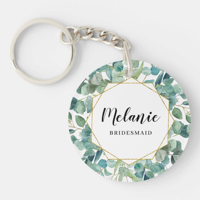 Custom Eucalyptus Gold Bridesmaid Favour Key Ring (Front)