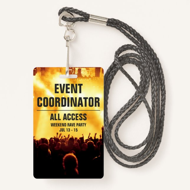 Custom Event Coordinator All Access Concert Pass B ID Badge (Front with Lanyard)