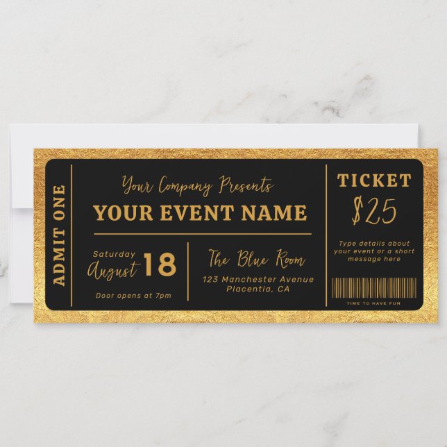 Custom Event Ticket Concert Fake Ticket Black Gold Invitation (Front)