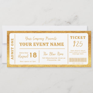 Custom Event Ticket Concert Fake Ticket White Gold Invitation