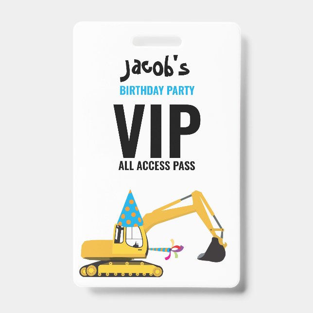 Custom Excavator Birthday Party Pass Favour Badge ID Badge (Front)