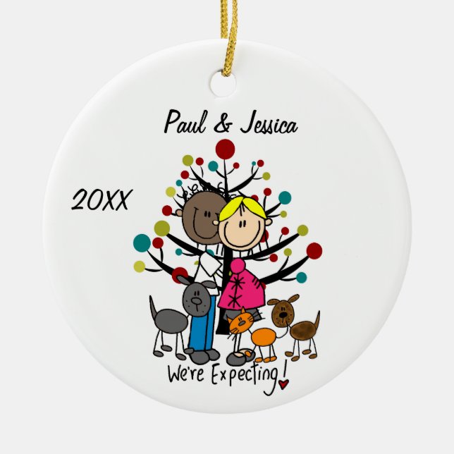 Custom Expectant Couple 2 Dogs 1 Cat Ornament (Front)