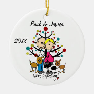Custom Expectant Couple 2 Dogs 1 Cat Ornament