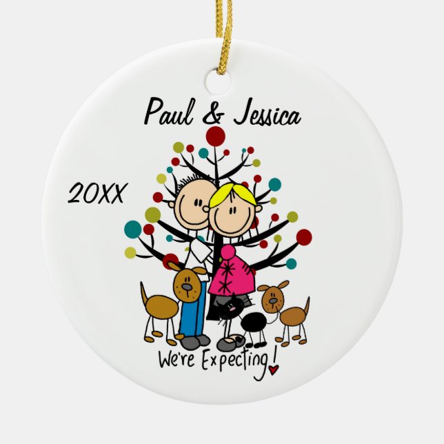 Custom Expectant Couple 2 Dogs 1 Cat Ornament (Front)