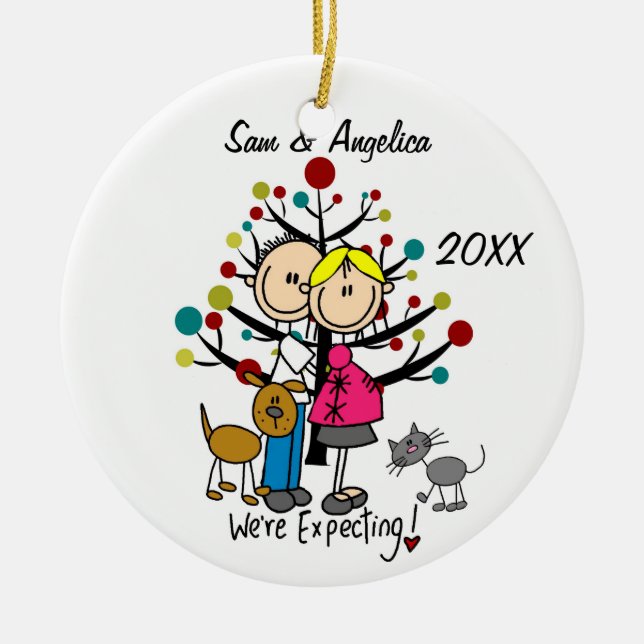 Custom Expectant Couple With Cat and Dog Ornament (Front)