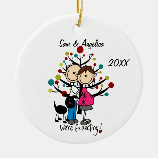 Custom Expectant Couple With Dog Ornament (Front)