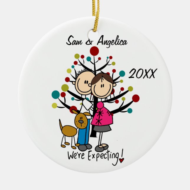 Custom Expectant Couple With Dog Ornament (Front)