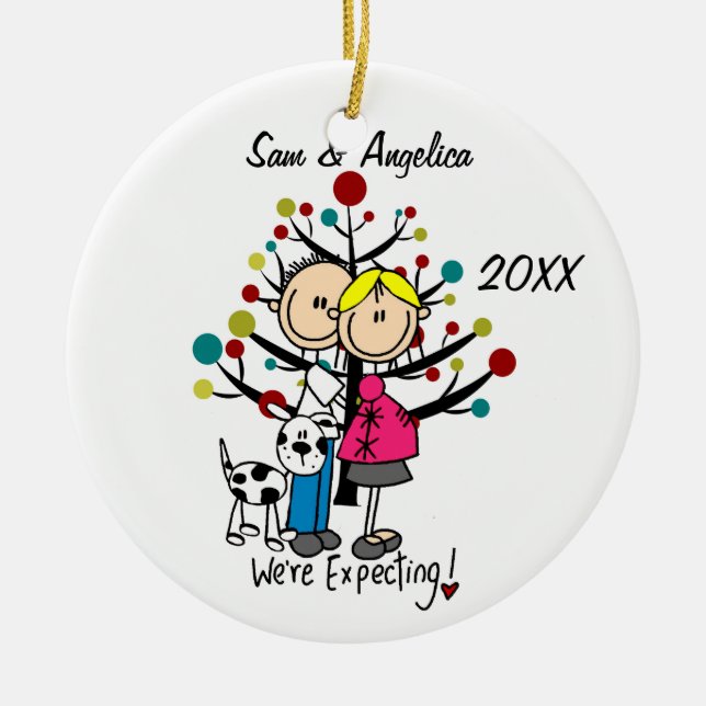 Custom Expectant Couple With Dog Ornament (Front)