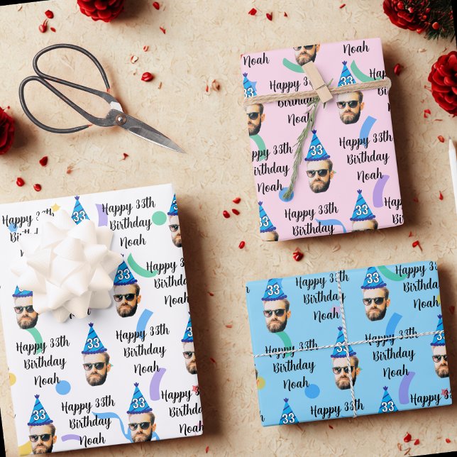 Custom Face 20th 30th 40th 50th 60th 70th Birthday Wrapping Paper Sheet (Creator Uploaded)