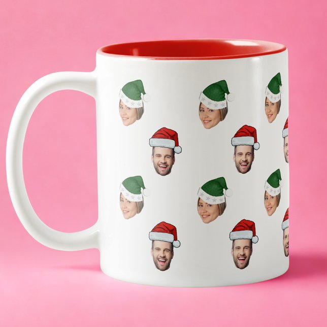 Custom Face 2 Photos Santa Hat Christmas Gift Two-Tone Coffee Mug (Creator Uploaded)