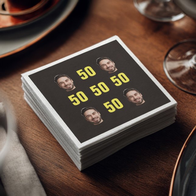Custom Face 50th Birthday Fun Photo Napkin (Black cocktail napkin with a grid of four custom face photos and bold yellow “50” numbers in between)