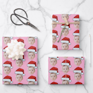 Custom Face Head Photo Santa Hat Christmas Pink Wrapping Paper Sheet