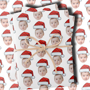 Custom Face Head Photo Santa Hat Christmas White Wrapping Paper Sheet