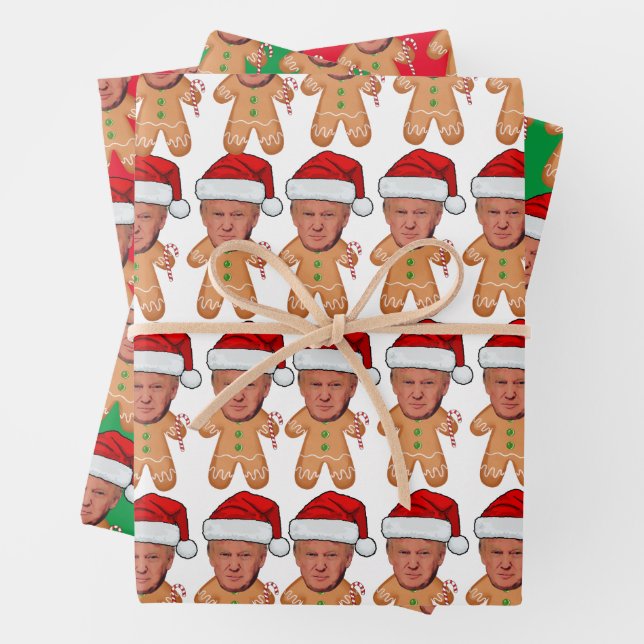 Custom Face Photo Gingerbread Funny Trump Xmas Wrapping Paper Sheet (In situ)