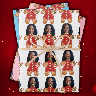 Custom Face Photo Gingerbread Woman Christmas Pink Wrapping Paper Sheet