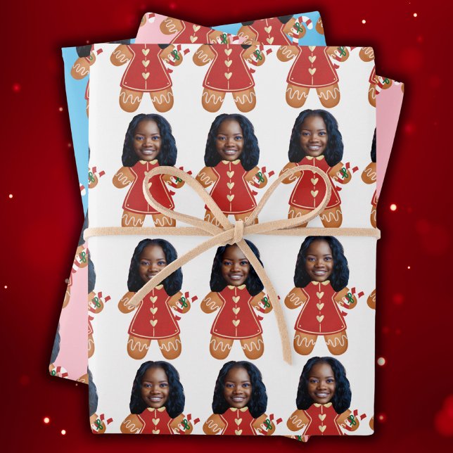 Custom Face Photo Gingerbread Woman Christmas Pink Wrapping Paper Sheet (Creator Uploaded)