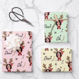 Custom Face Photo Reindeer Christmas Wrapping Paper Sheet