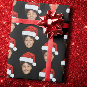 Custom Face Photo Santa Claus Hat Christmas Black Wrapping Paper