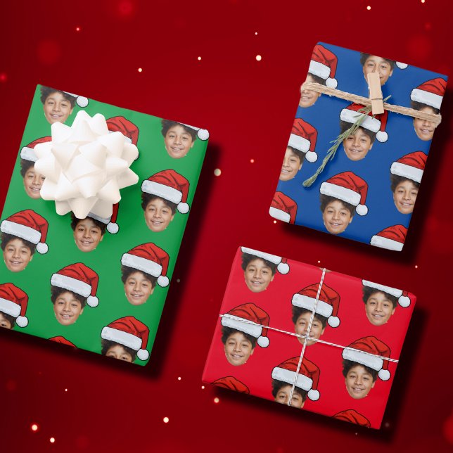 Custom Face Photo Santa Face Repeating Pattern Wrapping Paper Sheet (Creator Uploaded)
