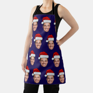 Custom Face Photo Santa Hat Christmas Blue Apron