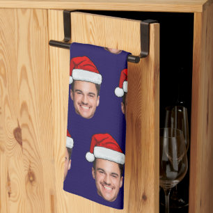 Custom Face Photo Santa Hat Christmas blue Tea Towel