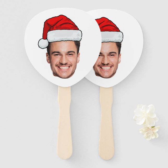 Custom Face Photo Santa Hat Christmas Hand Fan (Front and Back)