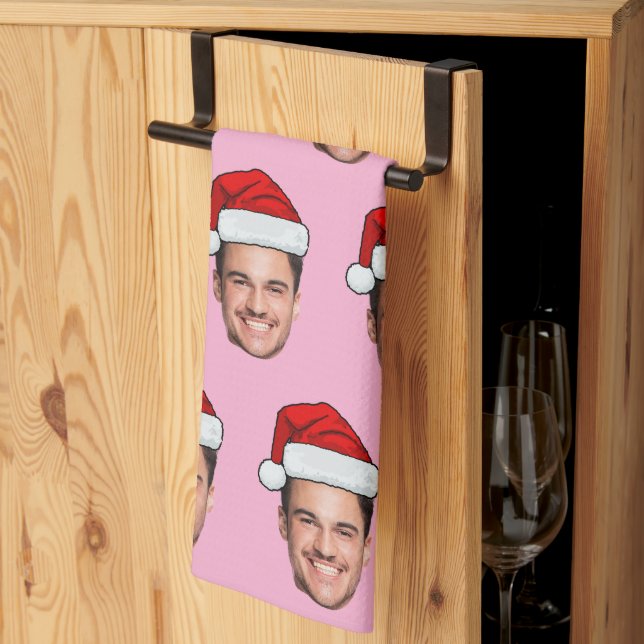 Custom Face Photo Santa Hat Christmas Pink Tea Towel (Thirds Fold)