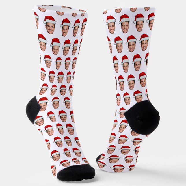 Custom Face Photo Santa Hat Christmas Socks (Angled)