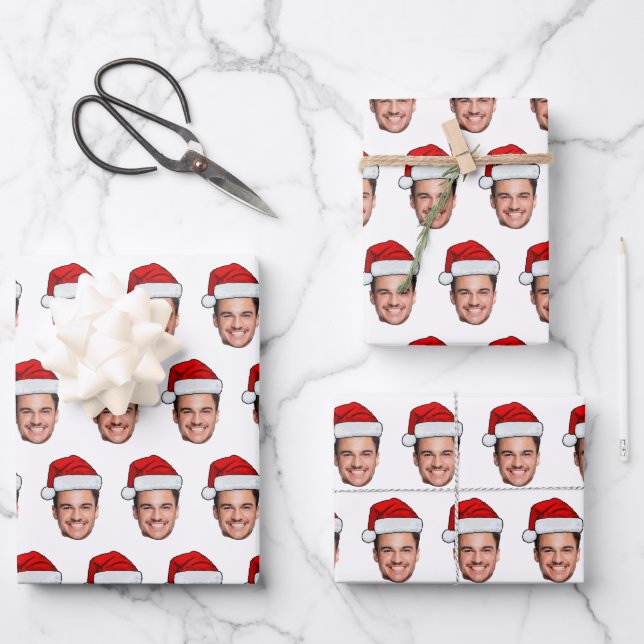 Custom Face Photo Santa Hat Christmas Wrapping Paper Sheet (Front)