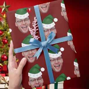 Custom Face Photo Santa Hat Repeating Pattern Wrapping Paper