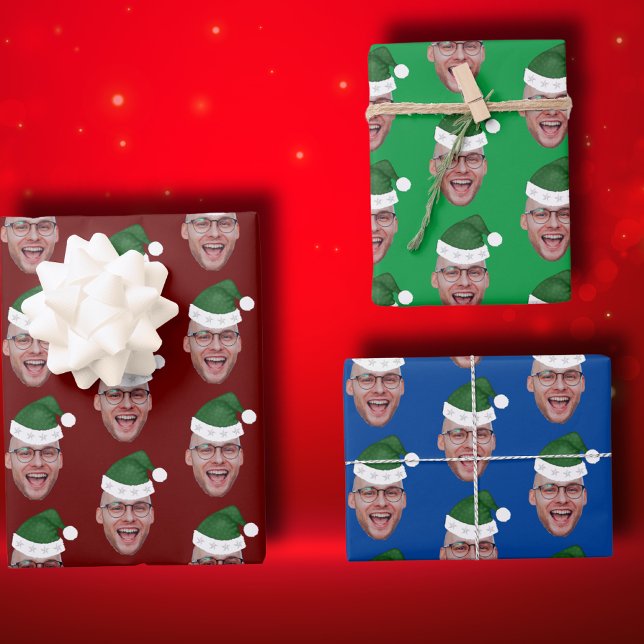 Custom Face Photo Santa Hat Repeating Pattern Wrapping Paper Sheet (Creator Uploaded)