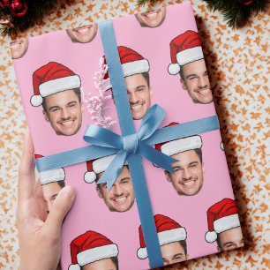 Custom Face Photo Santa Hat Unique Gift Pink Wrapping Paper