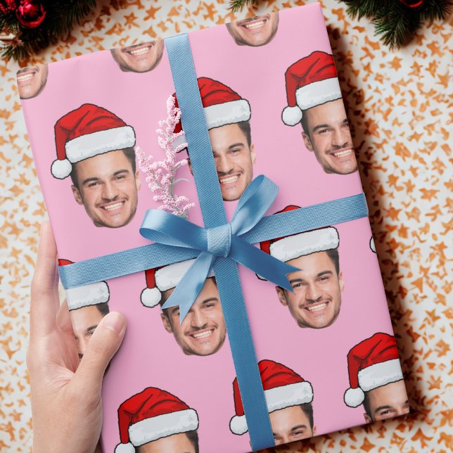 Custom Face Photo Santa Hat Unique Gift Pink Wrapping Paper (Creator Uploaded)