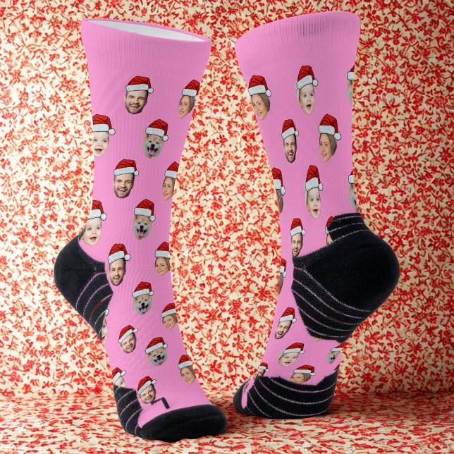 Custom Face Pink Socks, Santa Hat 4 Faces Pink  Socks (Creator Uploaded)