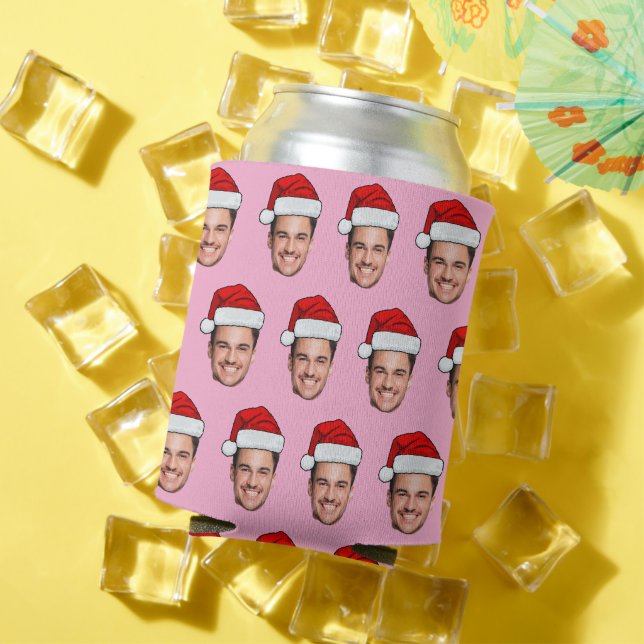 Custom Face Santa Hat Christmas Pink Can Cooler (In Situ Summer)