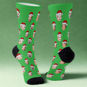 Custom Face Santa Hat Socks, 4 Photos Xmas Green Socks