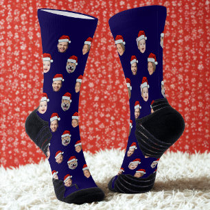 Custom Face Socks, Santa Hat Family 4 Faces Blue Socks