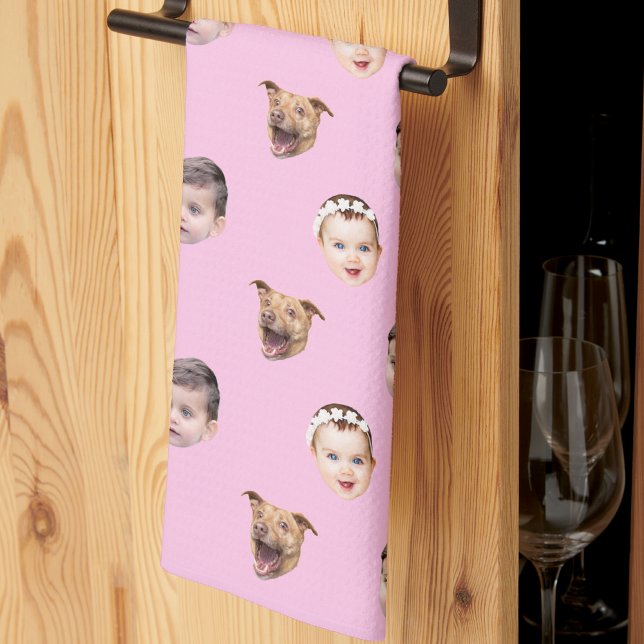 Custom Face, Unique Family Gift 3 Photos Face Pink Tea Towel (Creator Uploaded)