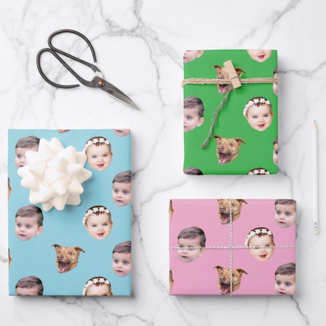 Custom Face, Unique Family Gift 3 Photos Face Wrapping Paper Sheet (Front)